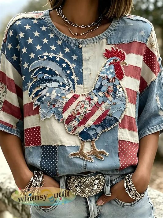 Onafhankelijkheidsdag vrouwen dierenborduurwerk print T-shirt - als foto / S