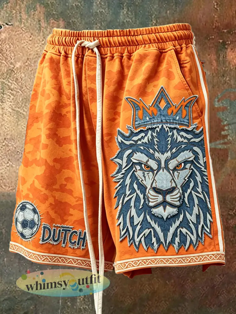 Oranje camouflage voetbalshorts voor heren met Nederlandse leeuw denim patchworkprint en casual sportstijl