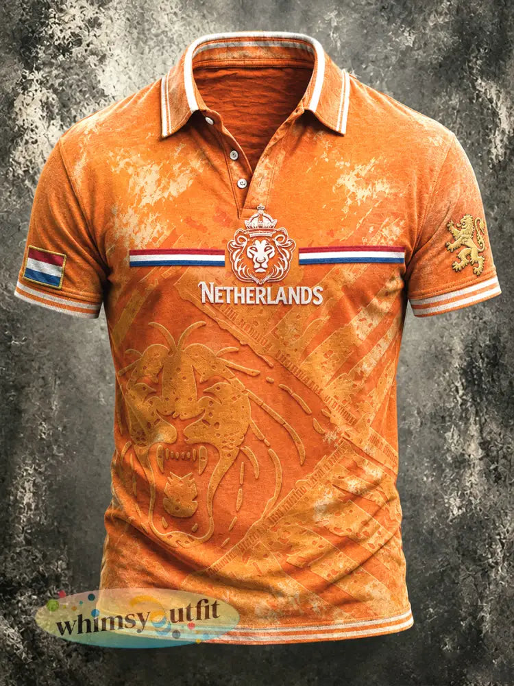 Oranje casual poloshirt voor heren met Nederlandse print - Sinaasappel / S
