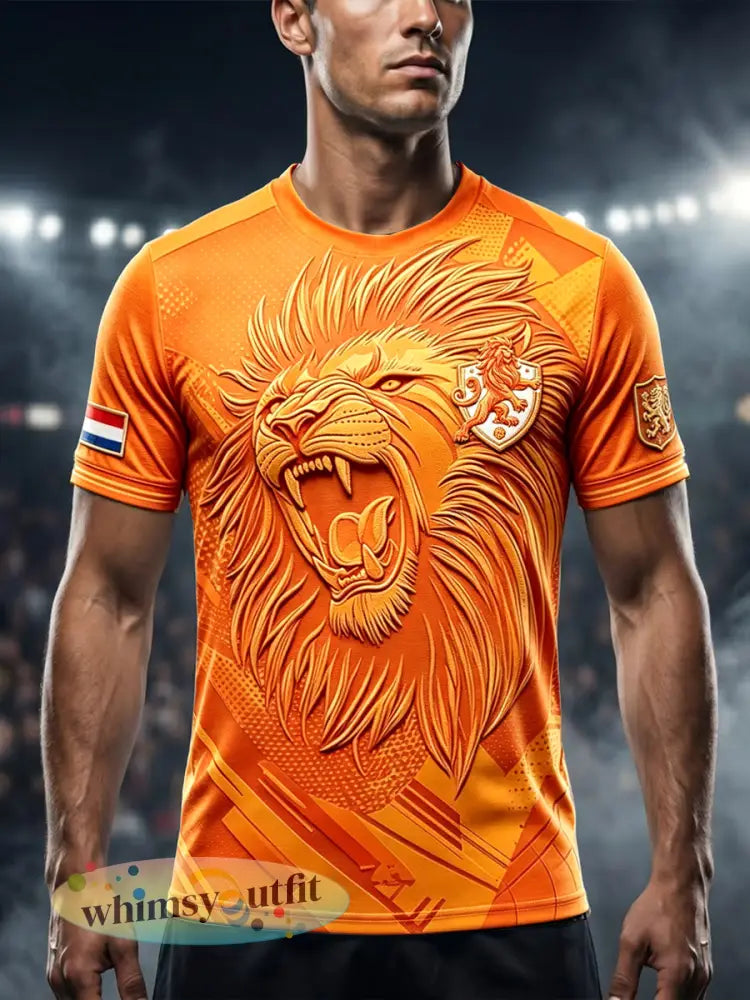 Oranje casual t-shirt voor heren met 3D-geprinte Nederlandse leeuw - Sinaasappel / S