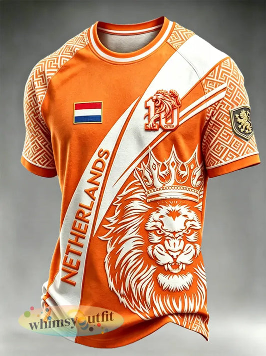 Oranje casual t-shirt voor heren met Nederlandse leeuwenprint en vrije schouders - Sinaasappel / S