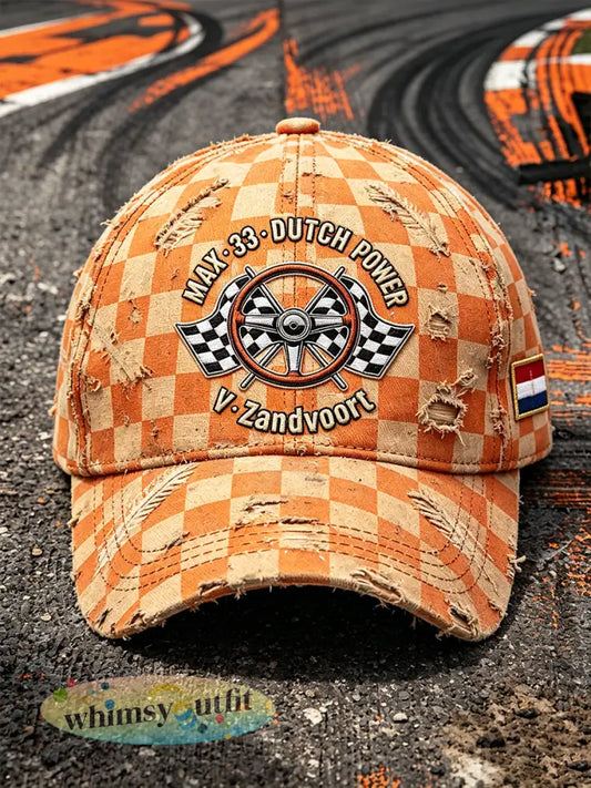 Oranje geruite Retro Dutch Racing Zandvoort-Casual hoed met print - Sinaasappel / 58CM