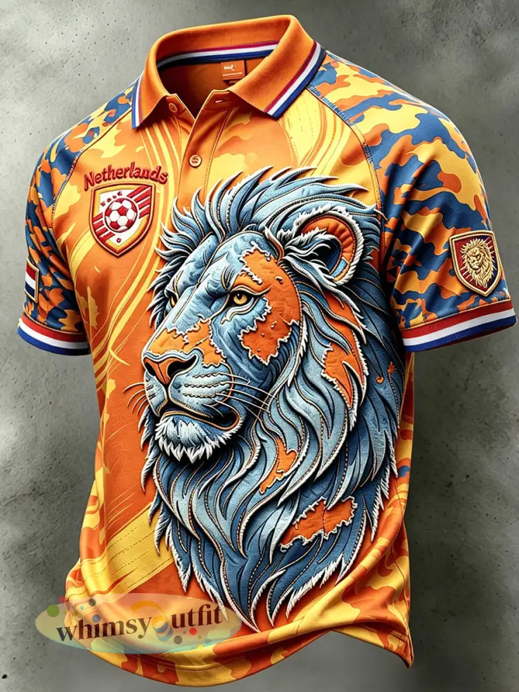 Oranje herenpolo met voetbal- en leeuwenprint in patchworkstijl casual model - Sinaasappel / S