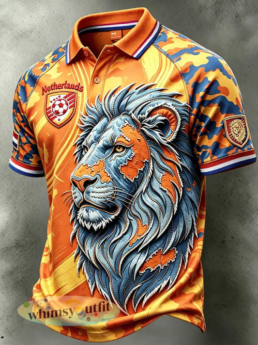 Oranje herenpolo met voetbal- en leeuwenprint in patchworkstijl casual model - Sinaasappel / S