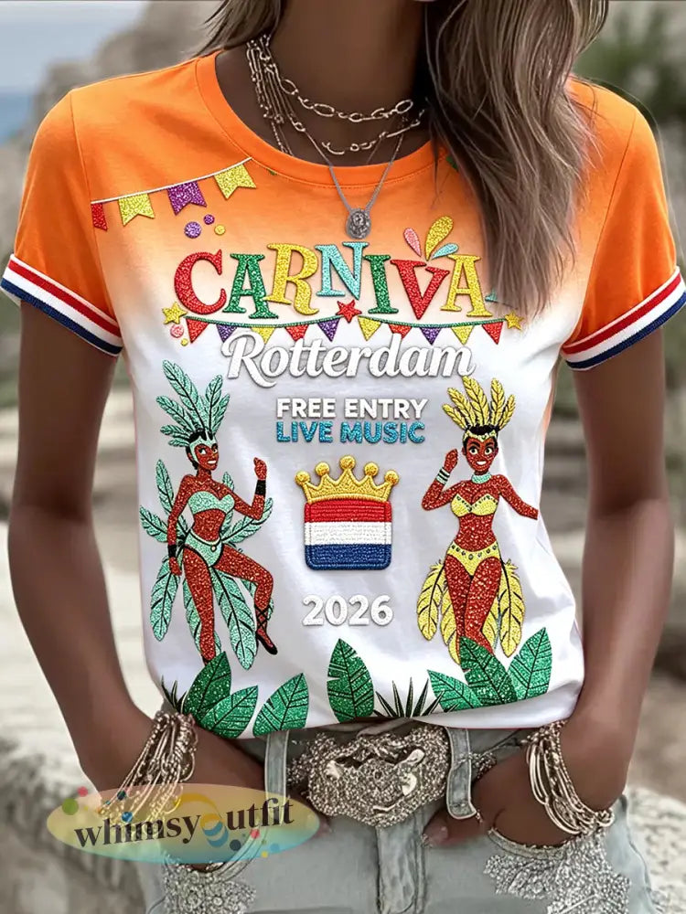 Oranje kleurenschakering Rotterdam zomers carnavalprint casual T-shirt voor dames - Sinaasappel / S