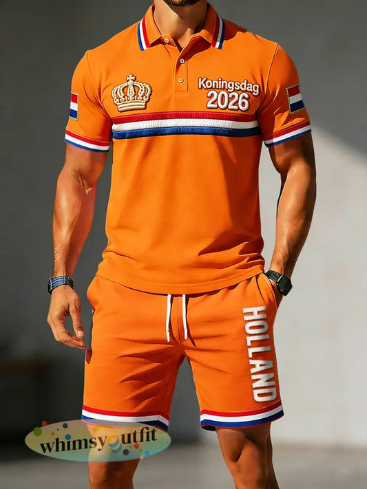 Oranje Nederlandse Koningsdag 2026 Bedrukte casual poloshirt en korte broek voor heren - Sinaasappel / S