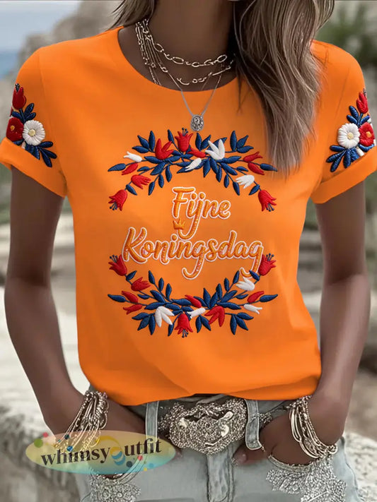 Oranje Nederlandse Koningsdag 3D T-shirt met bloemenprint voor dames - Sinaasappel / S