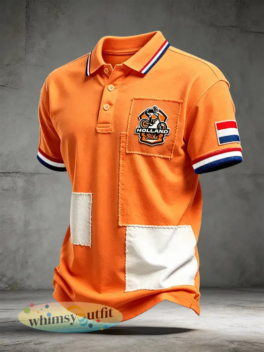 Oranje Nederlandse Wielersport Patchwork Print Casual Poloshirt met korte mouwen - Sinaasappel / S