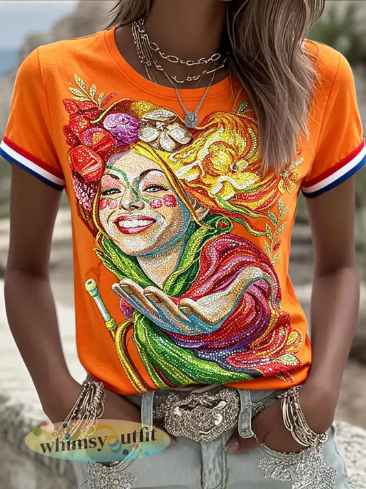 Oranje Rotterdam zomer carnavalprint casual T-shirt voor dames - Sinaasappel / S