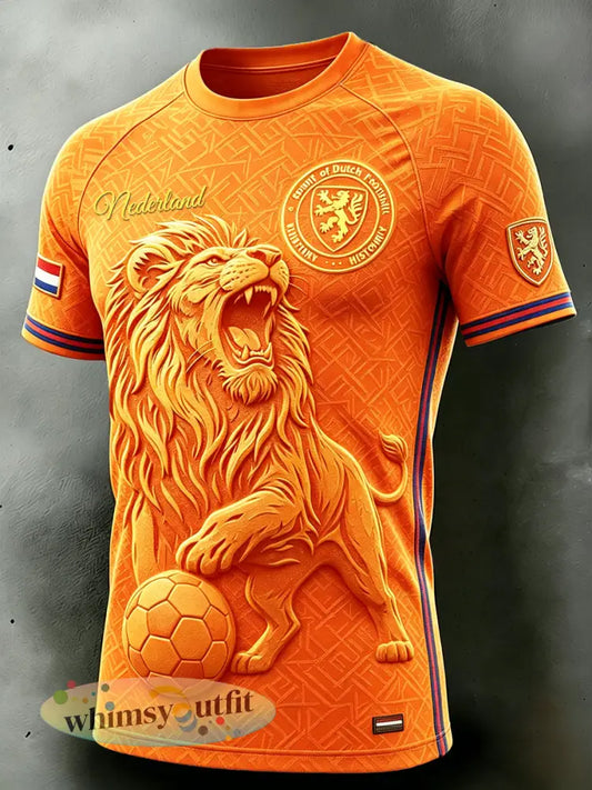 Oranje voetbal-T-shirt voor heren met 3D-afbeelding van een leeuw en vrijetijdsstijl met afhangende schouders