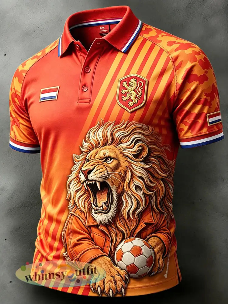 Oranje voetbalpolo voor heren met leeuwen- en camouflagepatroon patchworkprint casual stijl - Sinaasappel / S
