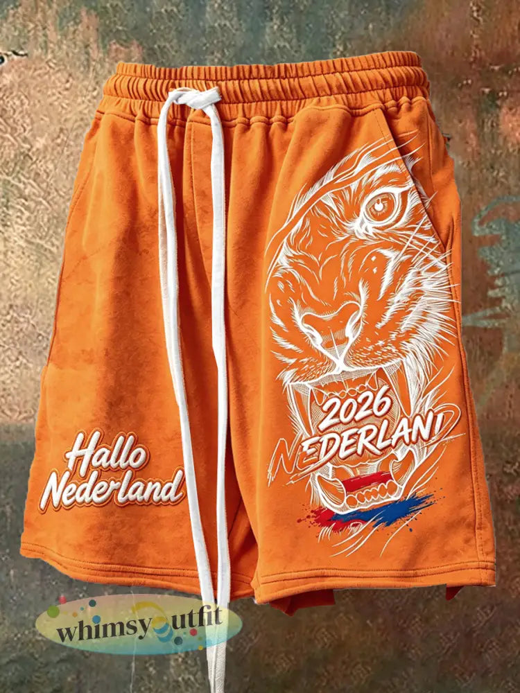 Oranje voetbalprint sportkorte broek voor heren met casual trekkoord - Sinaasappel / S