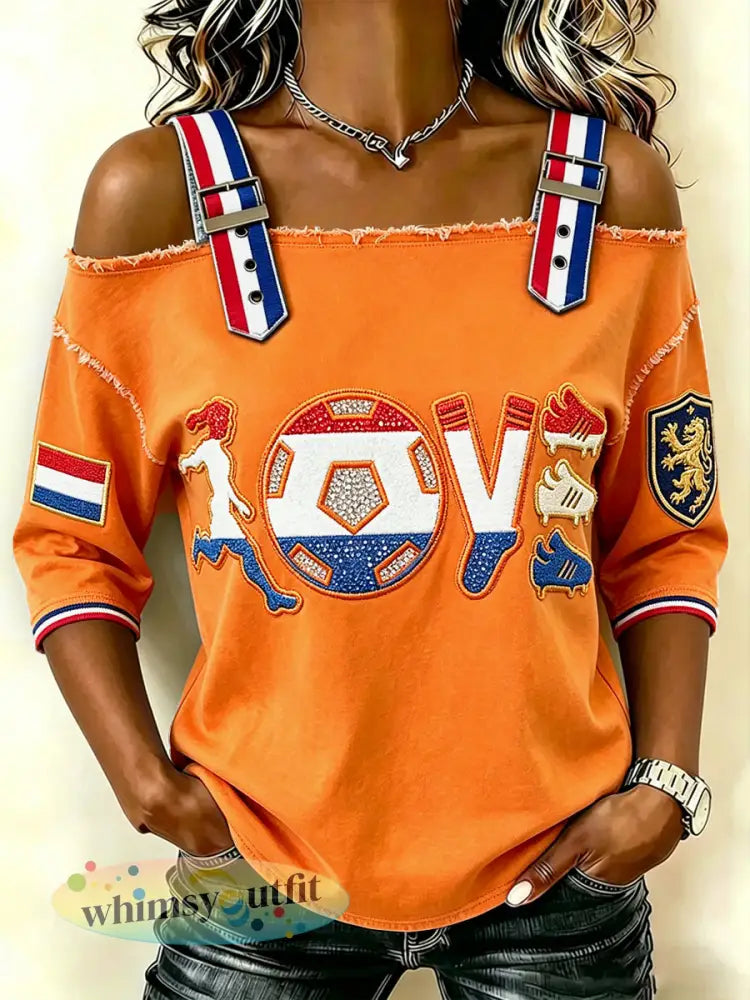 Oranje voetbalprint voor dames casual strapless T-shirt - Sinaasappel / S