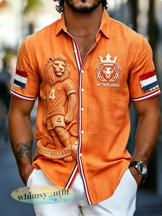 Oranje voetbalshirt voor heren met 3D-geprinte leeuw casual shirt met korte mouwen - Sinaasappel / S