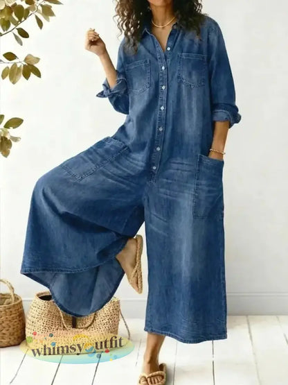 Overhemdjurk met enkele rij knopen losse jumpsuit - Blauw / S