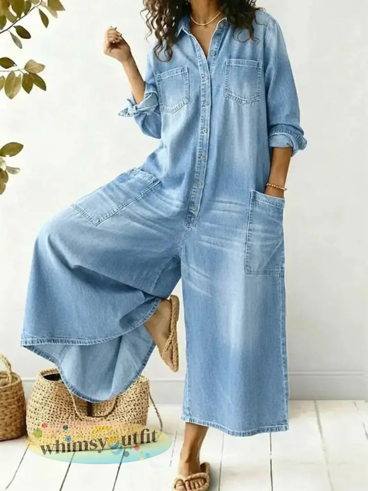 Overhemdjurk met enkele rij knopen losse jumpsuit - Hemelsblauw / S