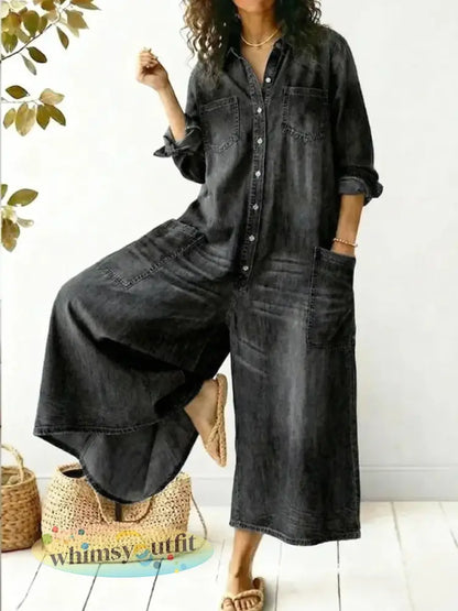 Overhemdjurk met enkele rij knopen losse jumpsuit - Zwart / S