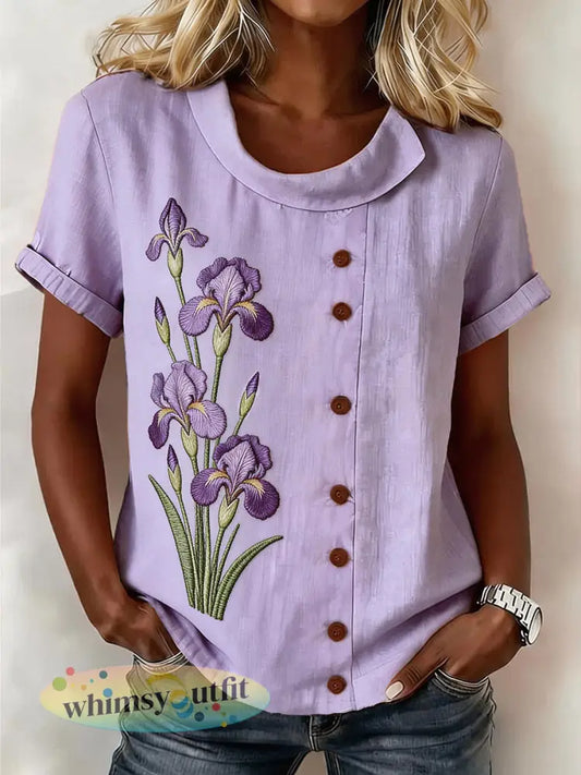 Paars linnen blend-shirt met irispatroon voor dames - Purper / S