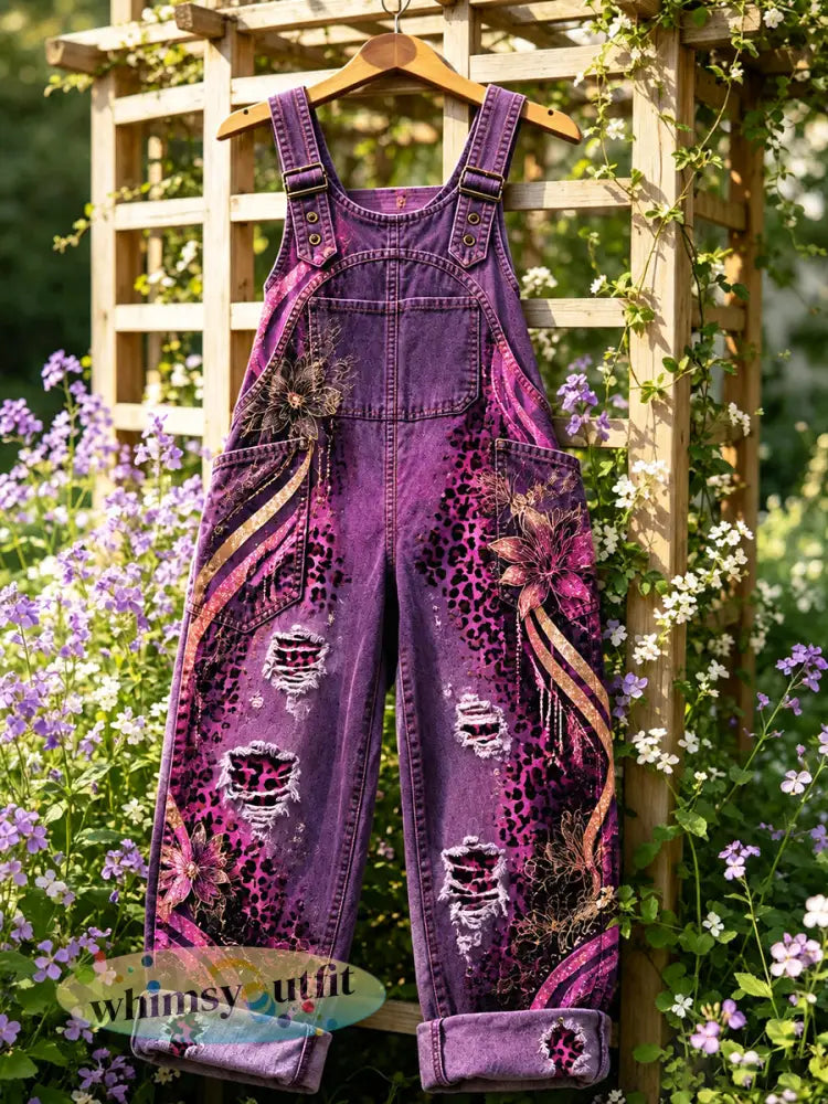 Paarse bloemenprint en luipaardprint casual tuinbroek voor dames - Purper / S