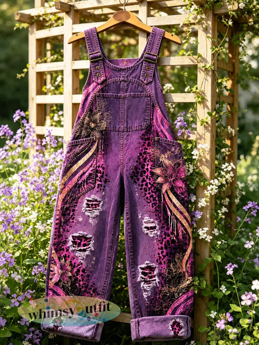 Paarse bloemenprint en luipaardprint casual tuinbroek voor dames - Purper / S