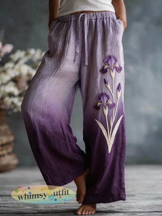 Paarse broek met linnen blend voor dames met irispatroon - Purper / S