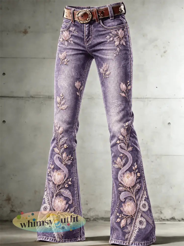 Paarse damesbroek met bloemenprint en uitlopende pijpen casual stijl - Purper / S