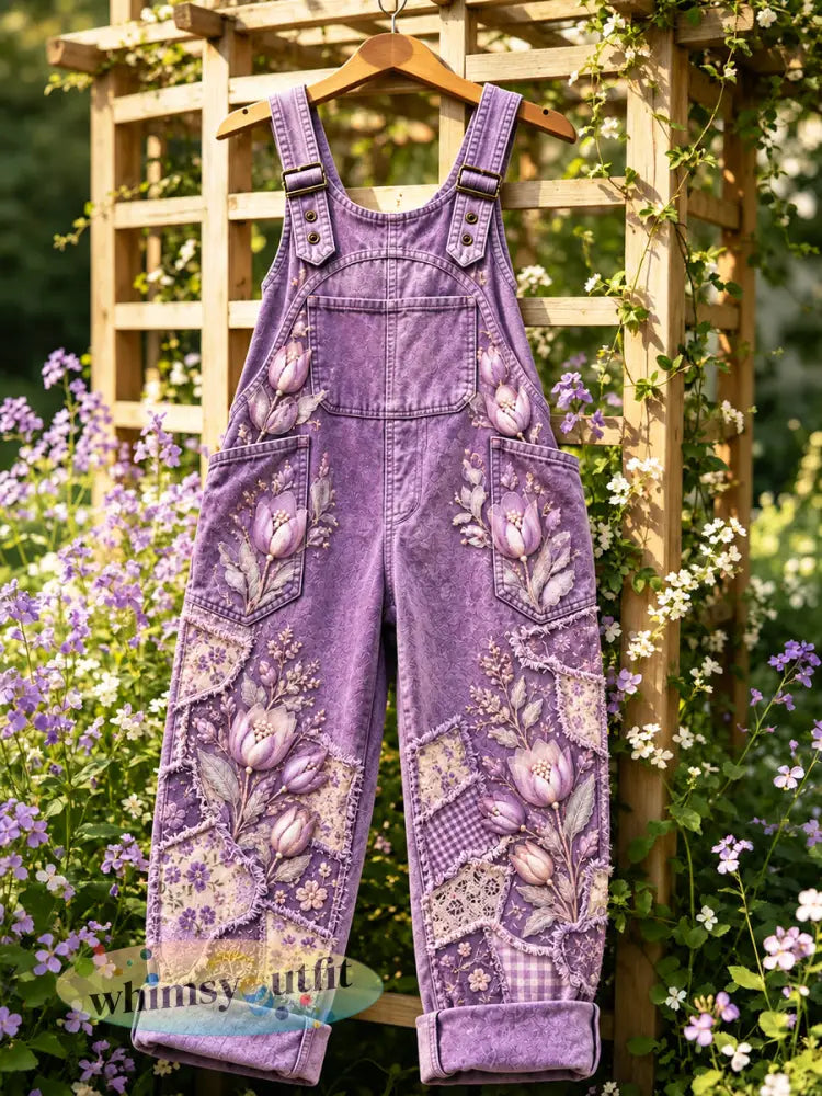 Paarse tulpenpatchworkprint vrijetijdspak voor dames - Purper / S