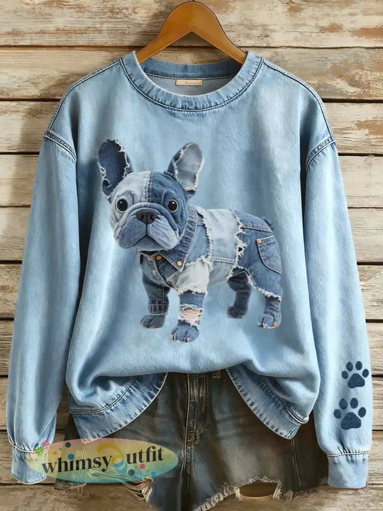 Patchwork Art Franse Bulldog Patroon Sweatshirt voor dames - Blauw / S