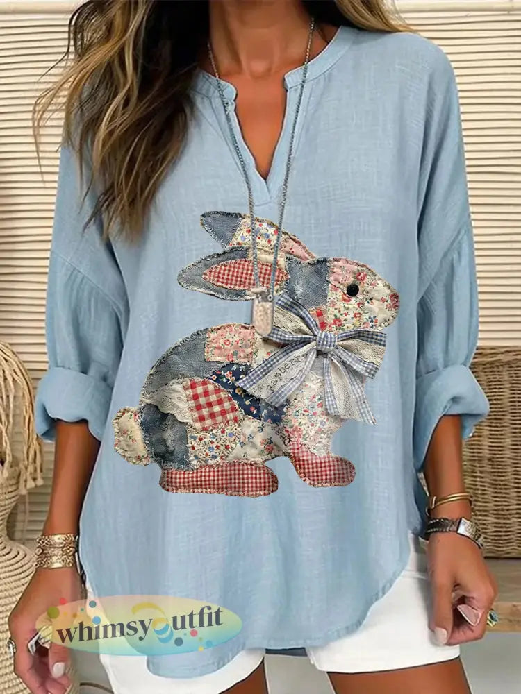 Patchwork konijnenshirt voor dames - Lichtblauw / S