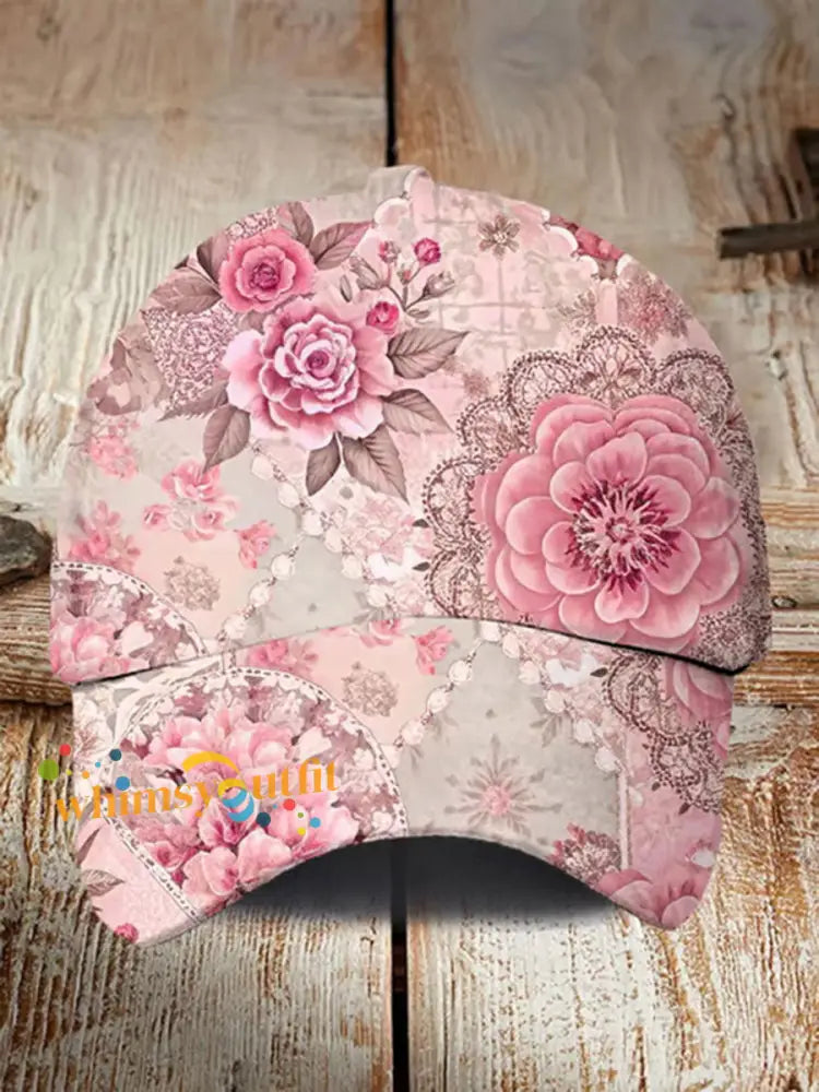 Pink Floral Print Casual Unisex Hat Pink / S