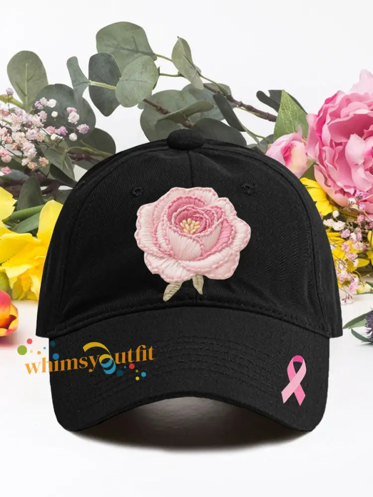 Pink rose breast cancer neutral hats Black / ONE