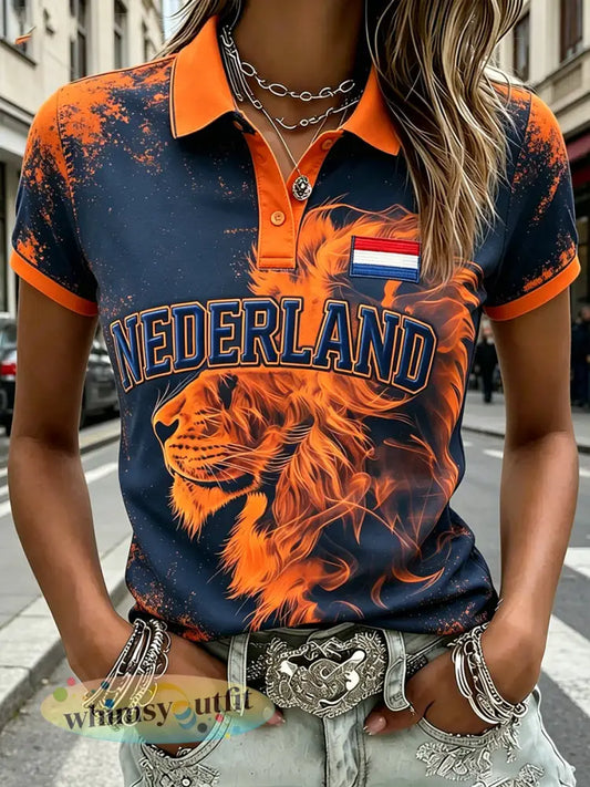 Poloshirt met korte mouwen en vlam en leeuwprint voor dames - A / S