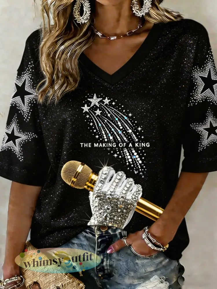 Pop Muziek Karakter Mid-length Mouwen V-hals T-shirt voor dames - Zwart / S