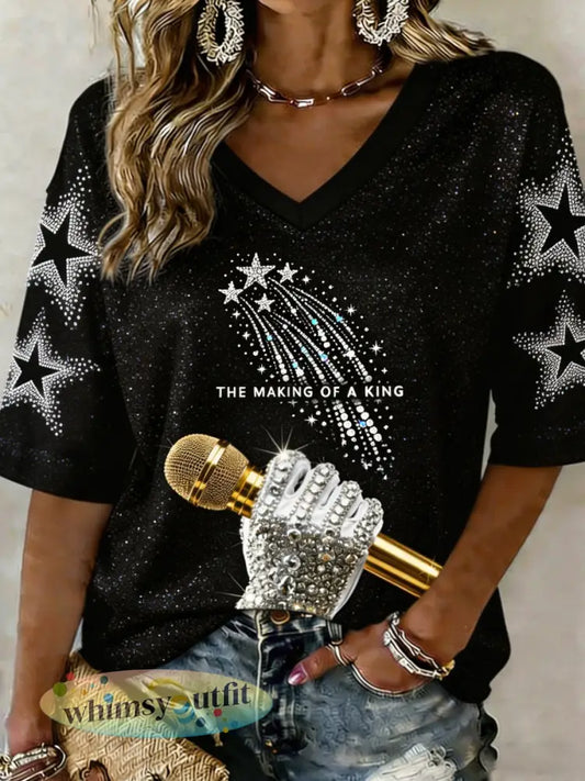 Pop Muziek Karakter Mid-length Mouwen V-hals T-shirt voor dames - Zwart / S