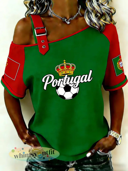 Portugal voetbalwedstrijd juichende kunstprint off-shoulder top met korte mouwen voor dames - A / S