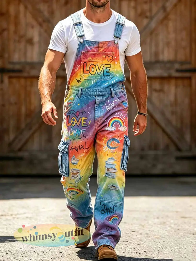 Pride maand regenboogjumpsuit met graffiti-print voor heren - als foto / S