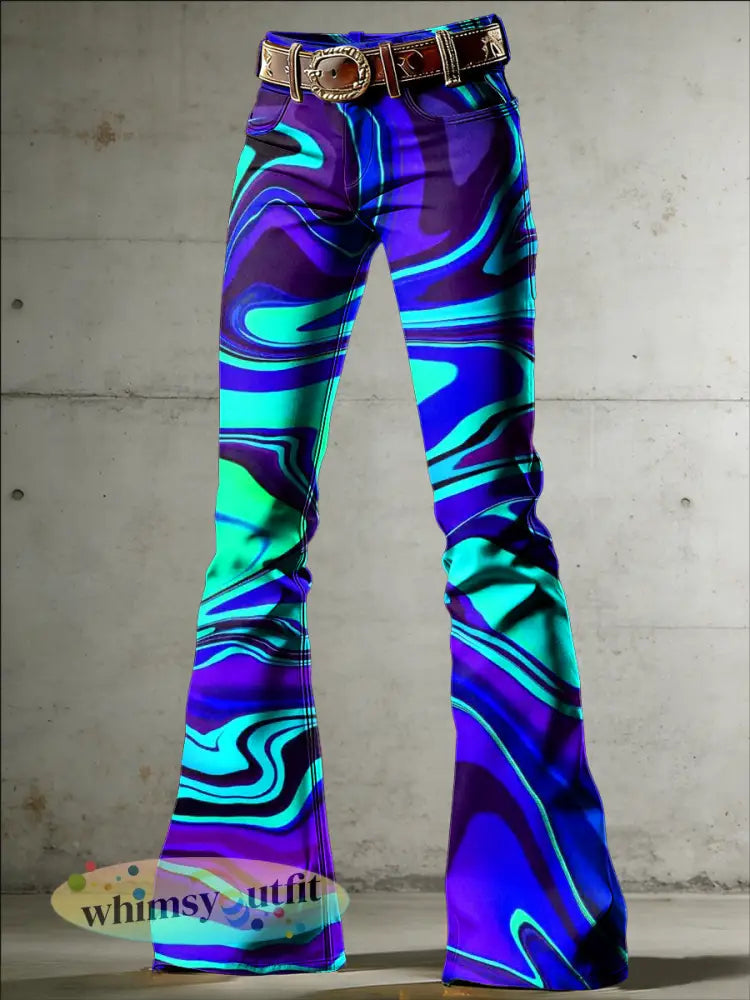 Psychedelische kunstprint damesbroek met uitlopende pijpen - Blauw / S
