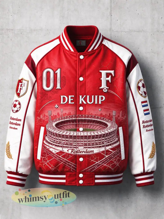 Red Feyenoord Rotterdam Football Patchwork Print Casual Baseball Jacket voor heren - Rood / S