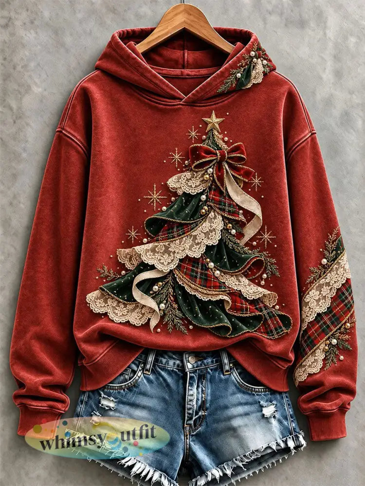 Regelmatig sweatshirt met kerstboomprint voor dames - Rood / S