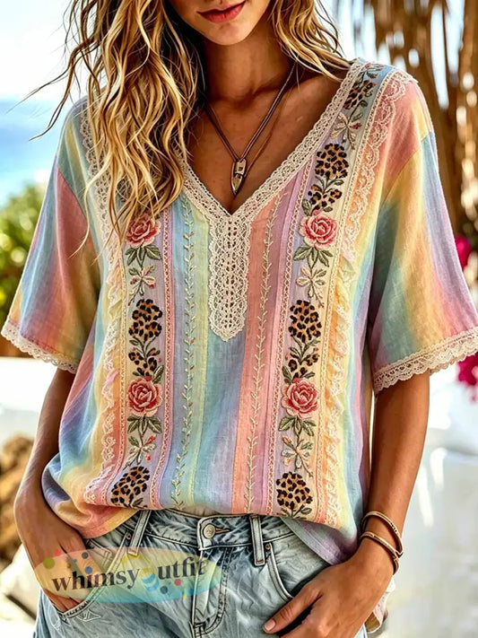 Regenboog bloemenkunst bedrukt T-shirt voor dames - als foto / S