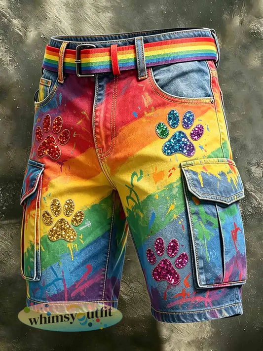 Regenboog hond poot shorts voor heren - als foto / S