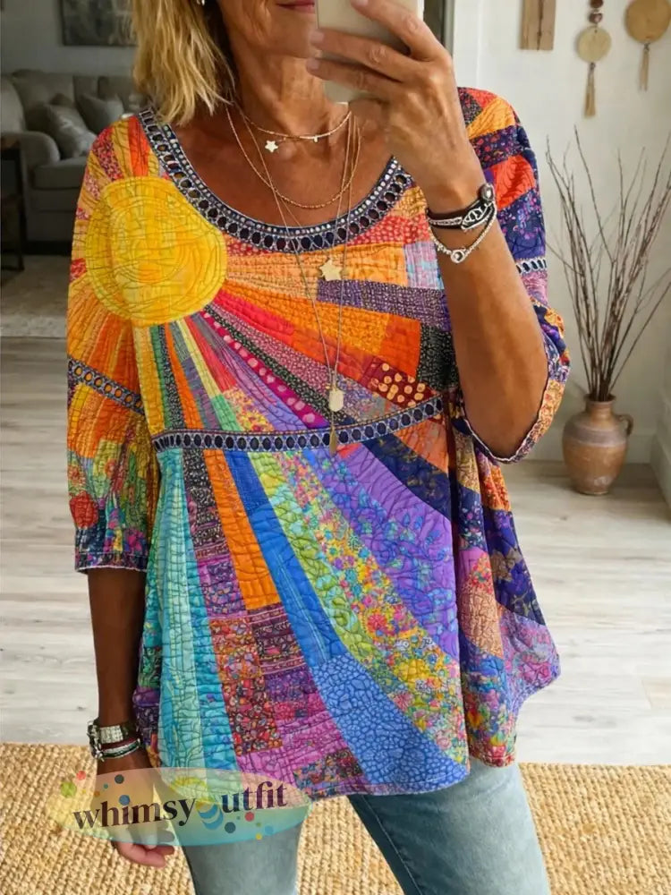 Regenboog kunstprint casual ronde hals uitgehold top voor dames - als foto / S