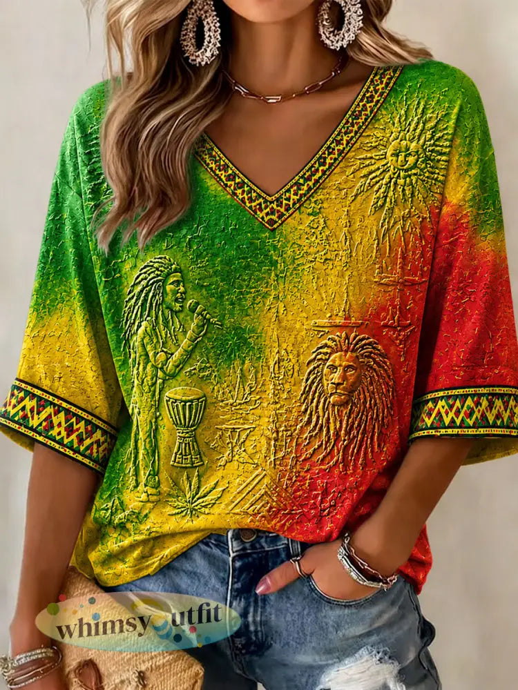 Reggae print casual T-shirt voor dames - als foto / S