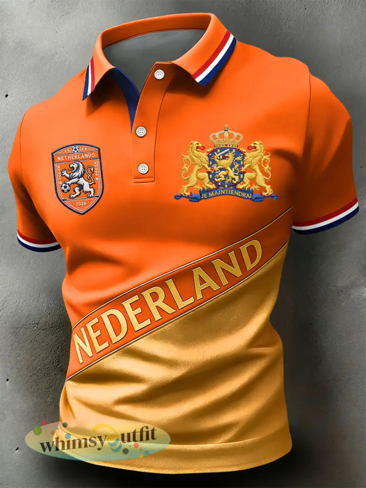 Retro 2026 Nederland voetbal patchwork casual poloshirt - Sinaasappel / S