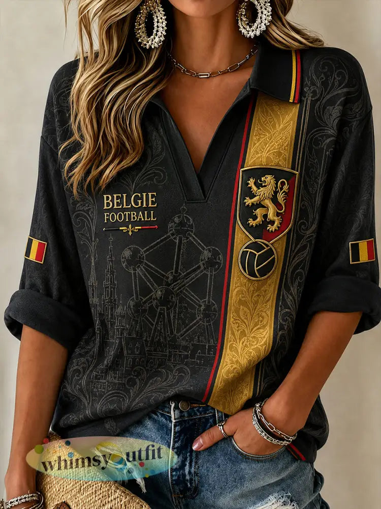 Retro Belgische voetbalfan-kunstprint casual top - A / S