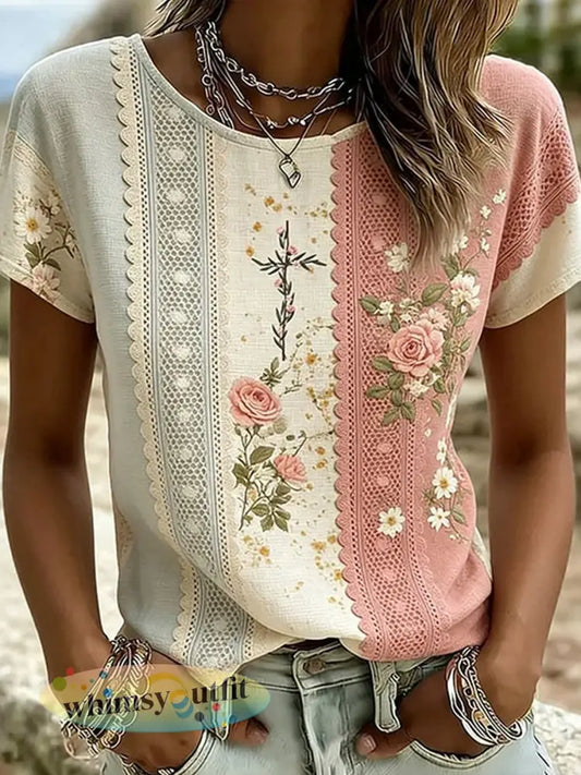 Retro bloemen kunst print casual katoen-linnen T-shirt - A / S