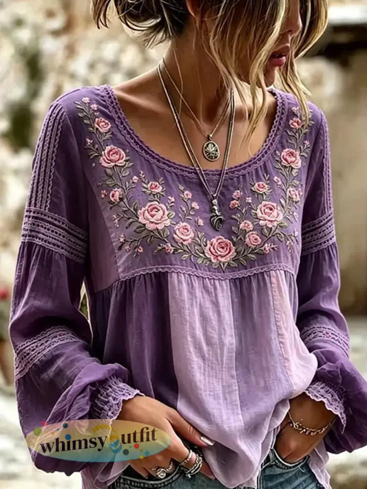 Retro bloemen kunst print casual katoen-linnen top - A / S