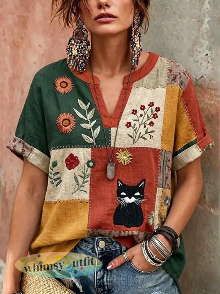 Retro bloemenkat met print casual V-hals voor dames - Jacinth / S