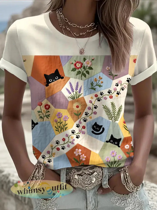 Retro bloemenkatten voor dames print casual tee - Abrikoos / S