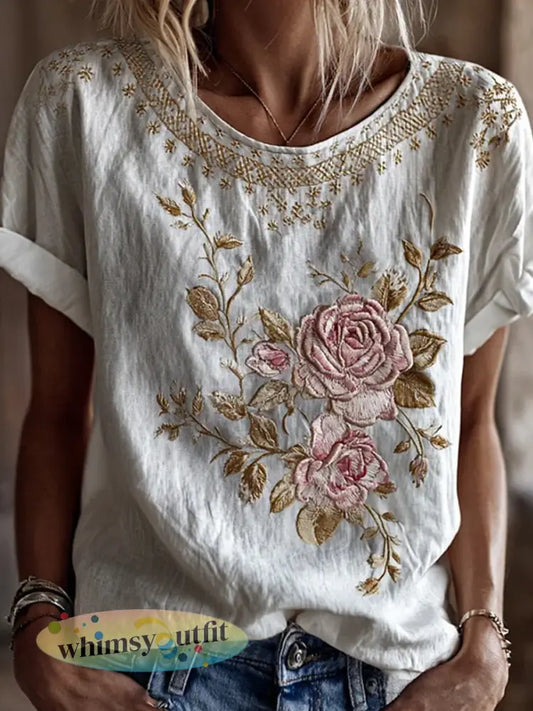 Retro bloemenkunstprint casual katoen-linnen t-shirt - A / S